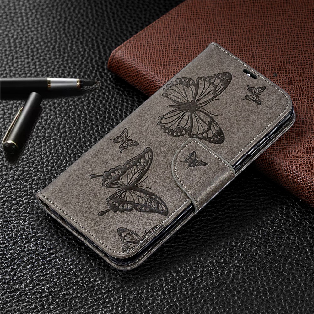 For Samsung Galaxy A50 PU Leather Imprint Butterflies Phone Case - Grey-7