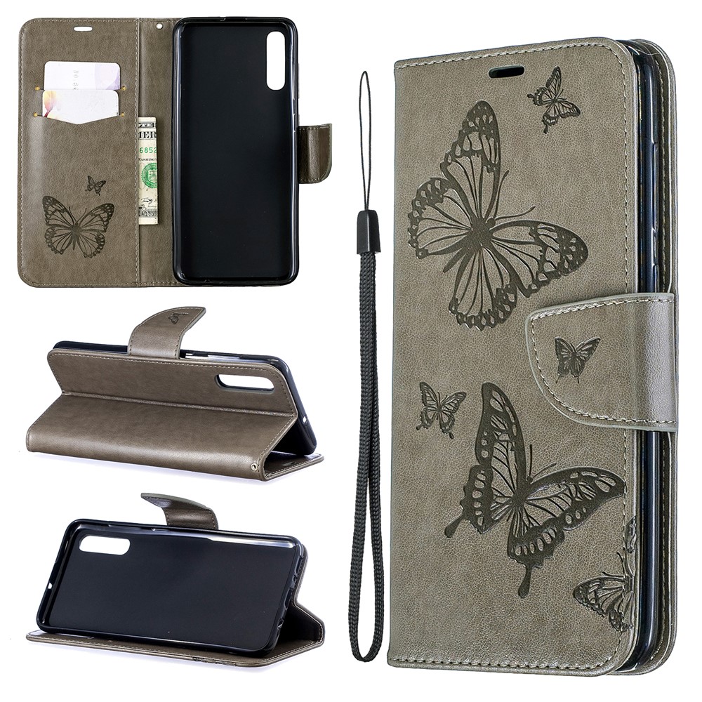 For Samsung Galaxy A70 PU Leather Imprint Butterflies Phone Case Butterflies Phone Case - Grey-1