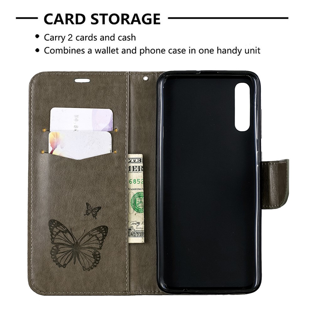 Para Samsung Galaxy A70 PU Impresión de Cuero Mariposas Case de Teléfono Caja de Teléfono de Mariposa - Gris