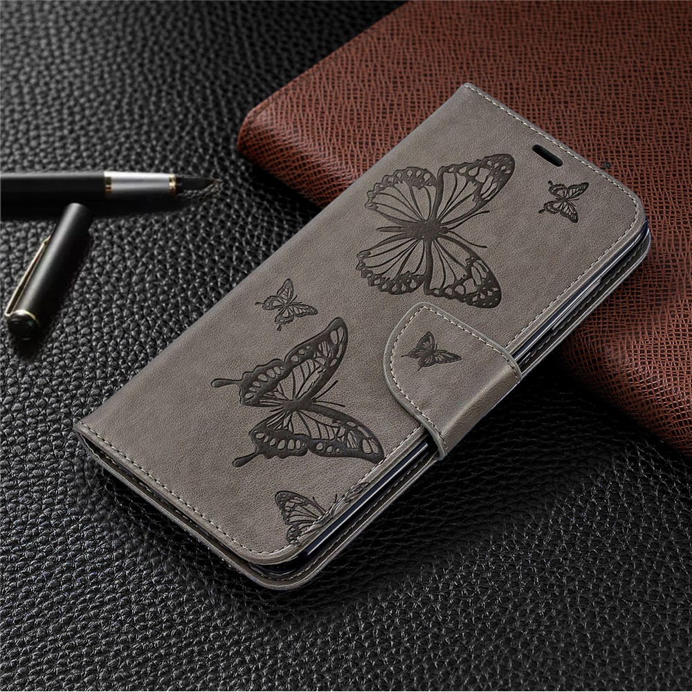 For Samsung Galaxy A70 PU Leather Imprint Butterflies Phone Case Butterflies Phone Case - Grey-7