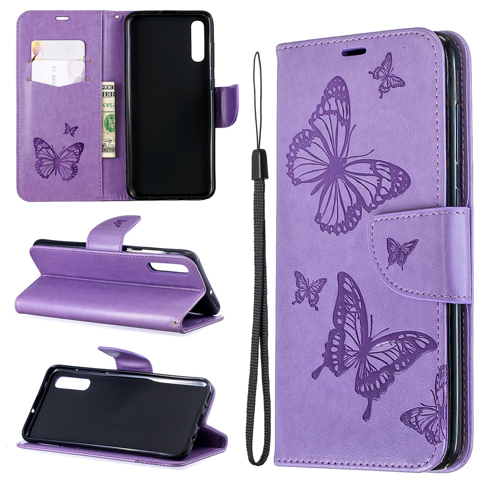 For Samsung Galaxy A70 PU Leather Imprint Butterflies Phone Case Butterflies Phone Case - Purple-1