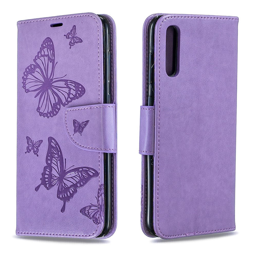 For Samsung Galaxy A70 PU Leather Imprint Butterflies Phone Case Butterflies Phone Case - Purple-4