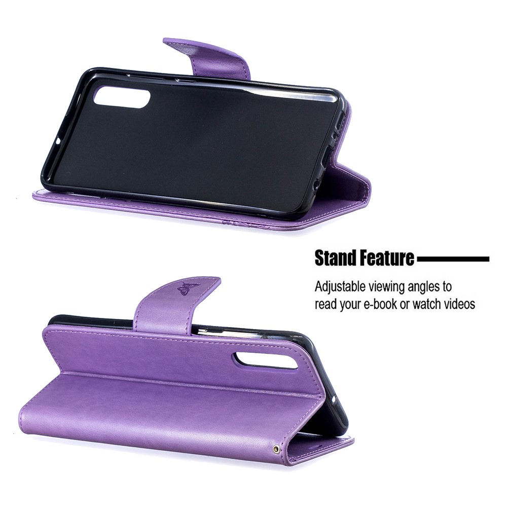 Para Samsung Galaxy A70 PU Impresión de Cuero Mariposas Case de Teléfono Caja de Teléfono de Mariposa - Violeta-5