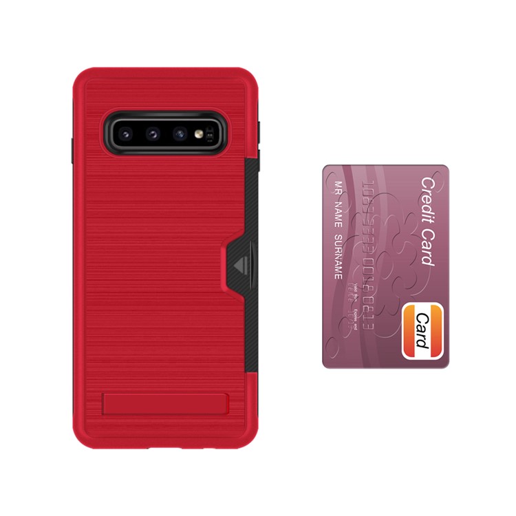 Samsung Galaxy S10 Brushed Plastic + TPU Mobile Case with Card Holder and Kickstand - Red-2