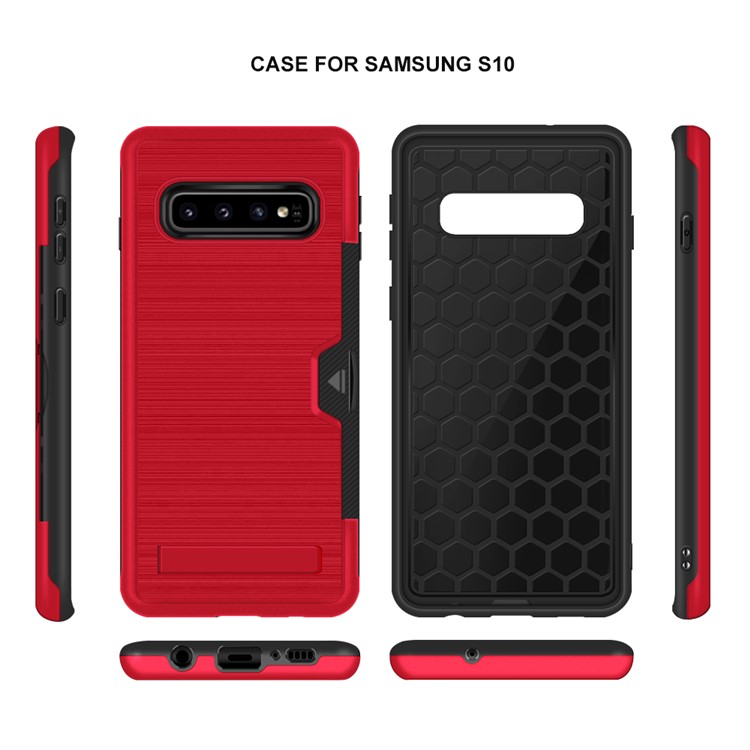 Samsung Galaxy S10 Brushed Plastic + TPU Mobile Case with Card Holder and Kickstand - Red-4