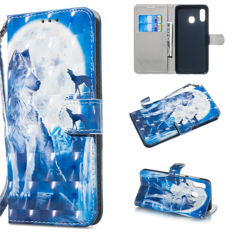 

Patterned Leather Stand Protection Case [Light Spot Decor] for Samsung Galaxy A30 / A20 - Moon and Wolf, Galaxy A30