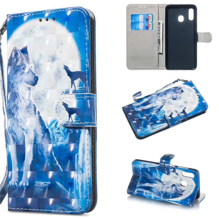 Patterned Leather Stand Protection Case [Light Spot Decor] for Samsung Galaxy A30 / A20 - Moon and Wolf-1