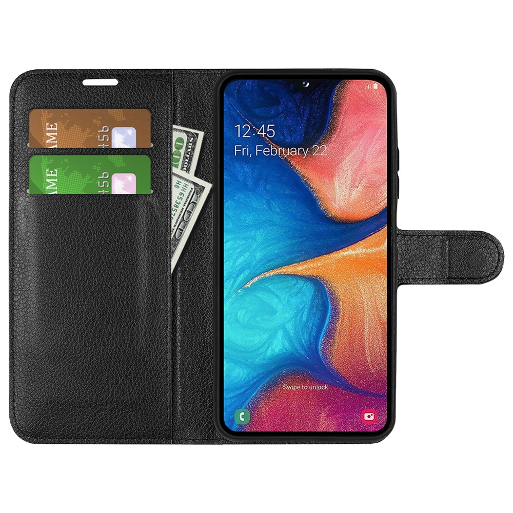 Litchi Texture Wallet Stand Cuero Cubierto de Teléfono Protector Para Samsung Galaxy A20e - Negro