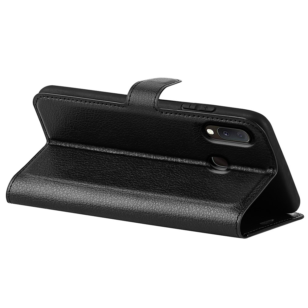 Litchi Texture Wallet Stand Cuero Cubierto de Teléfono Protector Para Samsung Galaxy A20e - Negro