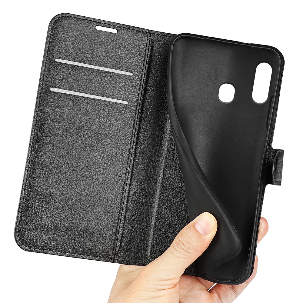 Litchi Texture Wallet Stand Cuero Cubierto de Teléfono Protector Para Samsung Galaxy A20e - Negro