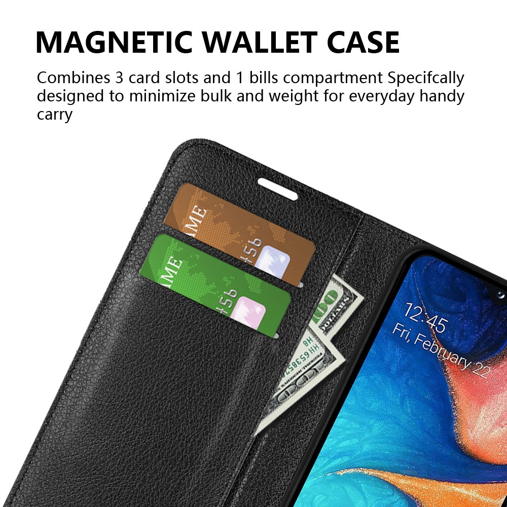 Litchi Texture Wallet Stand Cuero Cubierto de Teléfono Protector Para Samsung Galaxy A20e - Negro