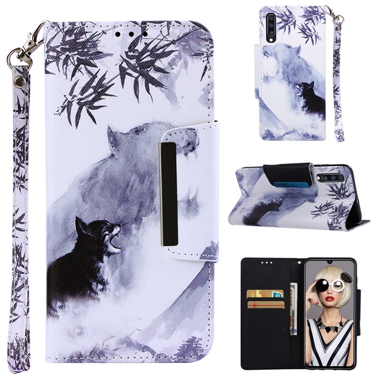 

Painting Pattern Leather Phone Cover for Samsung Galaxy A70 - Cat Bamboo, Galaxy A70