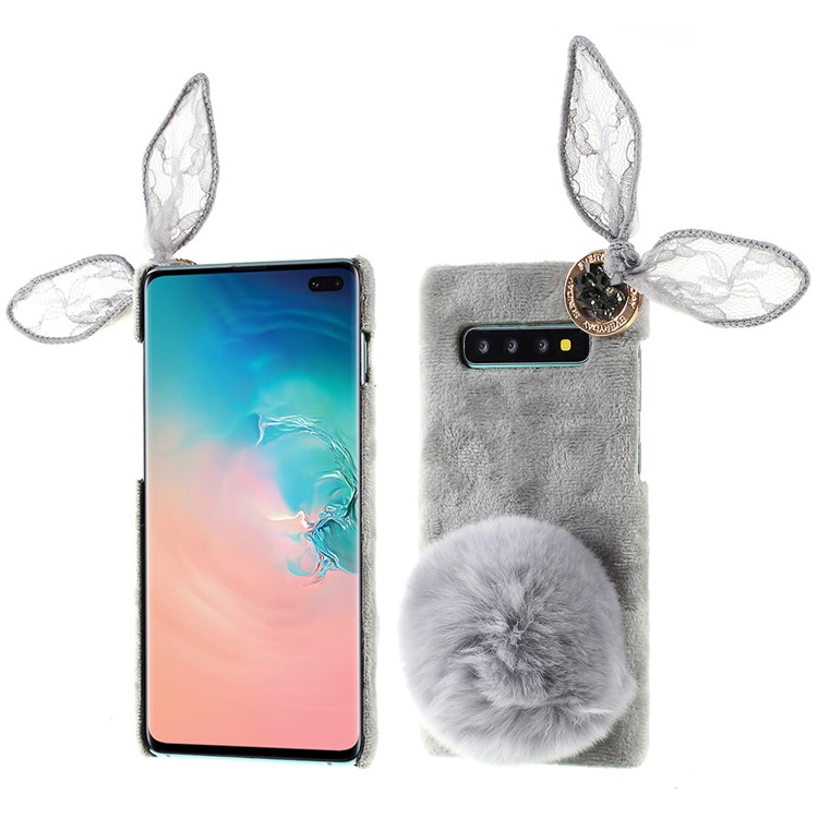 Rabbit Shape Rhinestone Decor Fluffy Fur Coated PC Mobile Phone Case for Samsung Galaxy S10 Plus-1