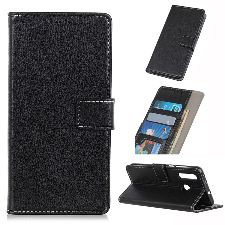 Litchi Grain Leather Cover with Wallet Stand for Samsung Galaxy A60 - Black-1