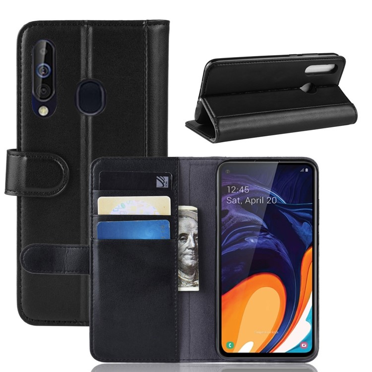 Genuine Split Leather Wallet Stand Protective Shell for Samsung Galaxy A60 - Black-1