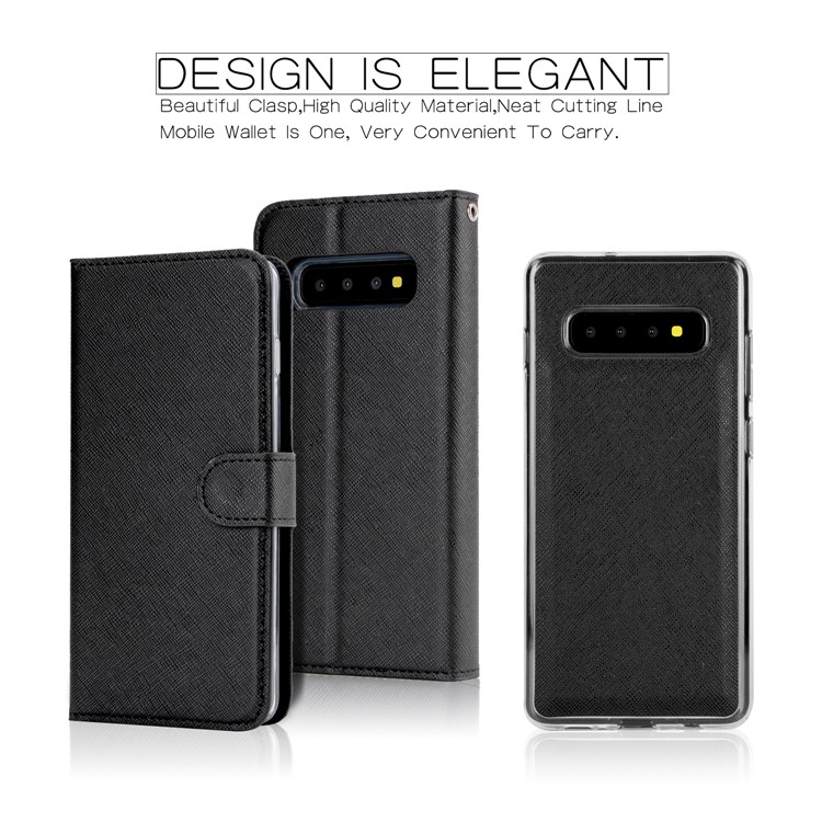 Cross Texture Leather Wallet Cover + Removable TPU Back Shell for Samsung Galaxy S10 - Black-2