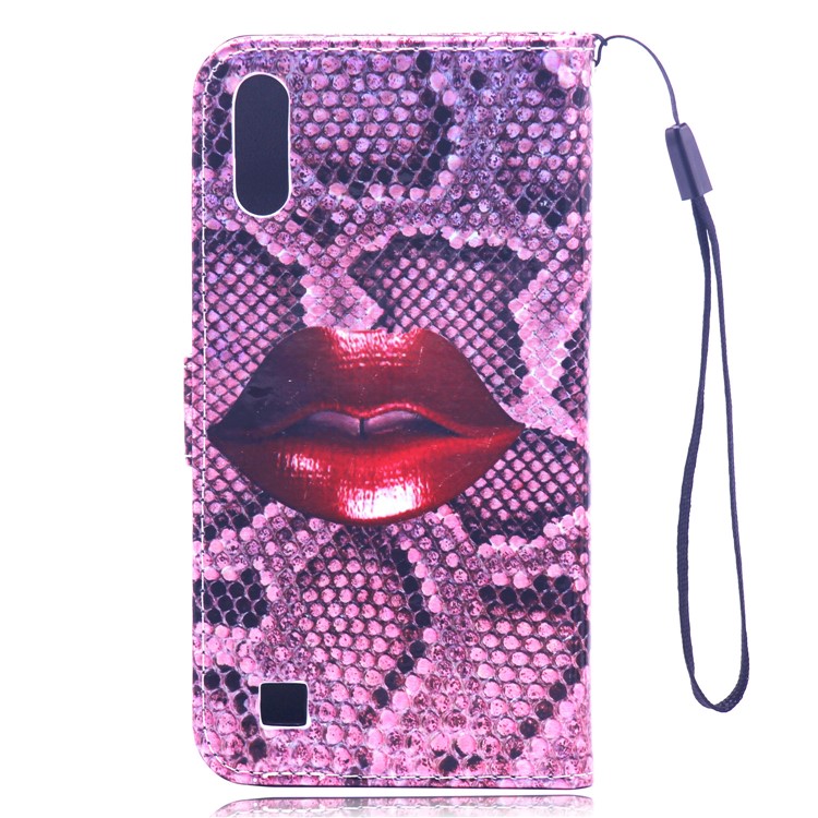 Laser Carving Pattern Printing Wallet Leather Case with Strap for Samsung Galaxy A10 - Red Lip-3