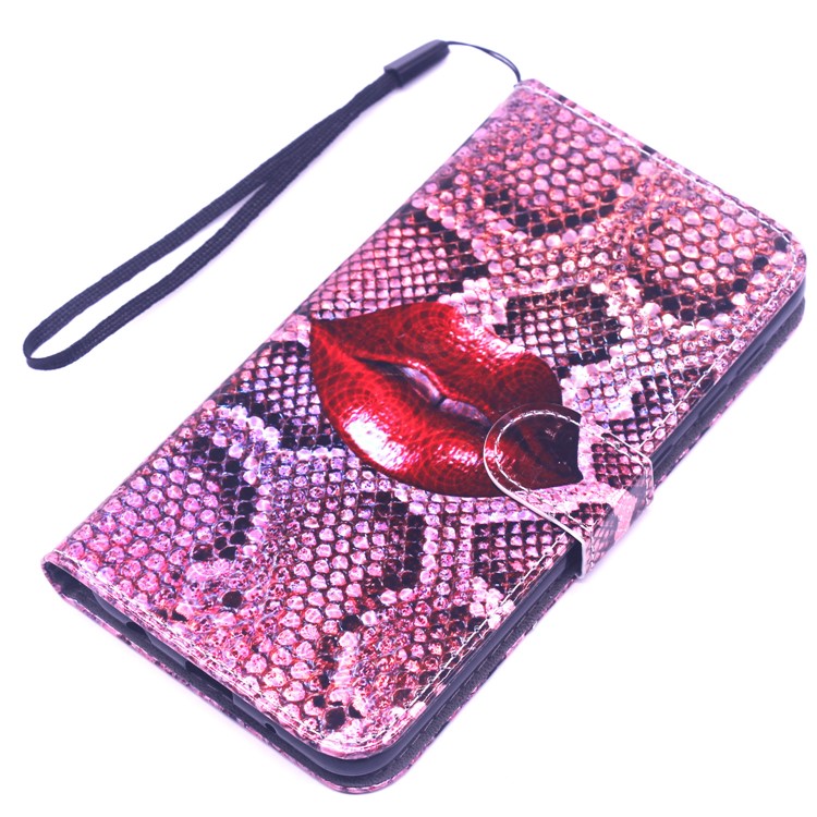 Laser Carving Pattern Printing Wallet Leather Case with Strap for Samsung Galaxy A10 - Red Lip-4