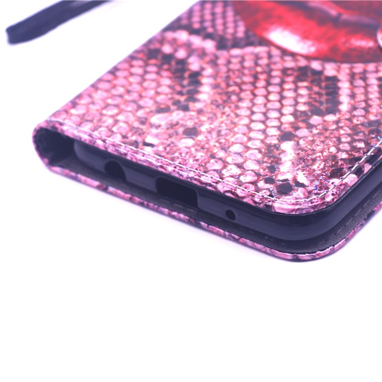 Laser Carving Pattern Printing Wallet Leather Case with Strap for Samsung Galaxy A10 - Red Lip-6