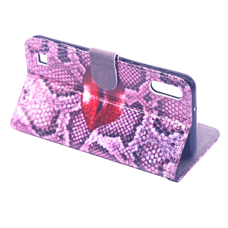 Laser Carving Pattern Printing Wallet Leather Case with Strap for Samsung Galaxy A10 - Red Lip-8