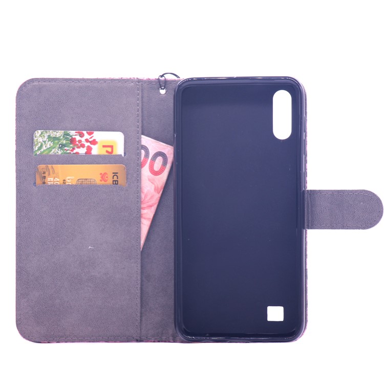 Laser Carving Pattern Printing Wallet Leather Case with Strap for Samsung Galaxy A10 - Red Lip-9