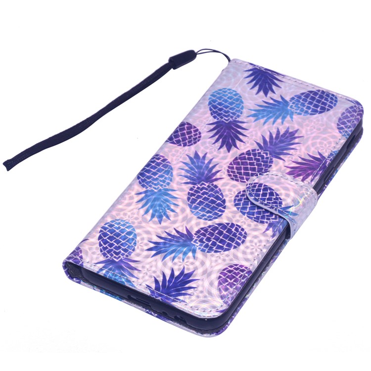 Laser Carving Pattern Printing Wallet Leather Case with Strap for Samsung Galaxy J4 Plus - Pineapple-8