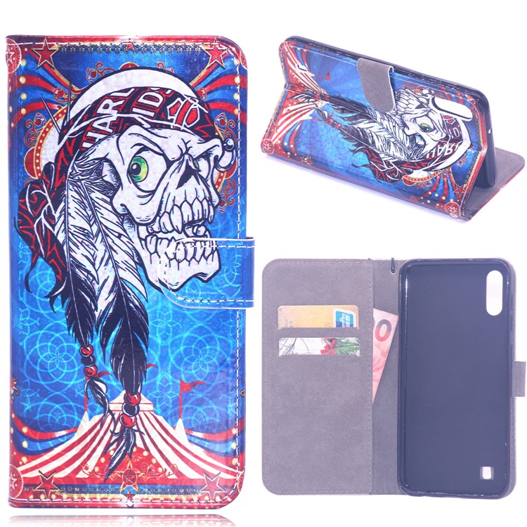 Laser Carving Pattern Printing Wallet Leather Case with Strap for Samsung Galaxy M10 - Tribal Feather Skull-1