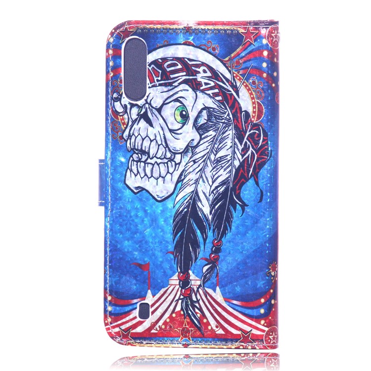 Laser Carving Pattern Printing Wallet Leather Case with Strap for Samsung Galaxy M10 - Tribal Feather Skull-3