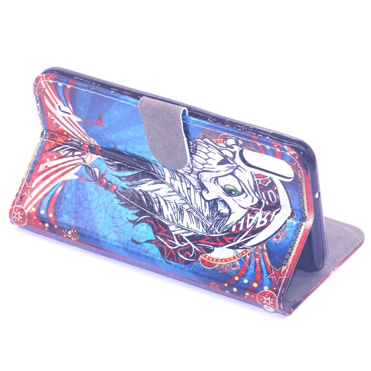 Laser Carving Pattern Printing Wallet Leather Case with Strap for Samsung Galaxy M10 - Tribal Feather Skull-5