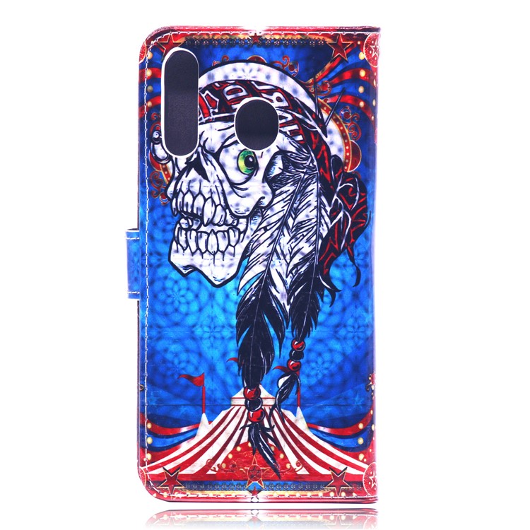 Laser Carving Pattern Printing Wallet Leather Case with Strap for Samsung Galaxy M30 - Tribal Feather Skull-3