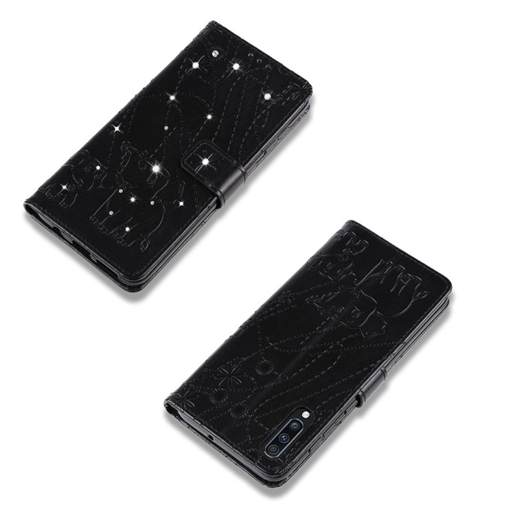 For Samsung Galaxy A70 Imprint Elephant Rhinestone Decor Leather Wallet Case - Black-11