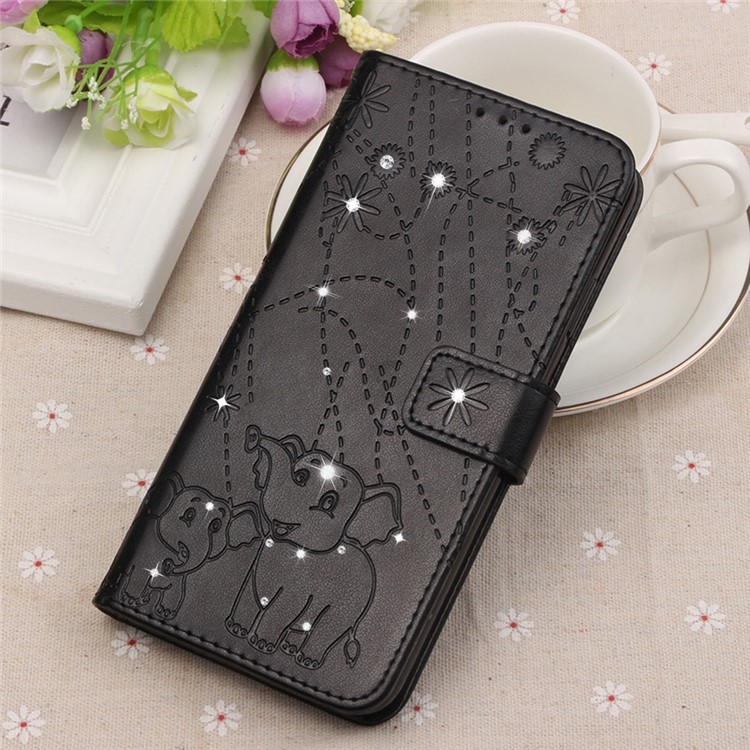 For Samsung Galaxy A70 Imprint Elephant Rhinestone Decor Leather Wallet Case - Black-12