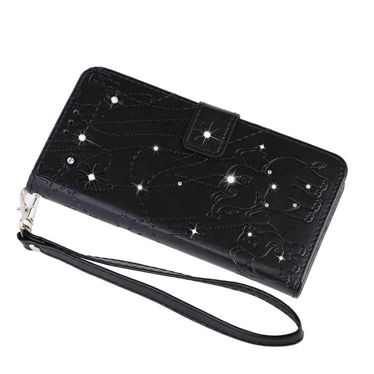 For Samsung Galaxy A70 Imprint Elephant Rhinestone Decor Leather Wallet Case - Black-2