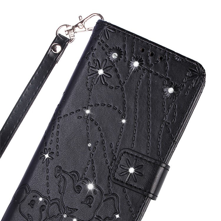 For Samsung Galaxy A70 Imprint Elephant Rhinestone Decor Leather Wallet Case - Black-3