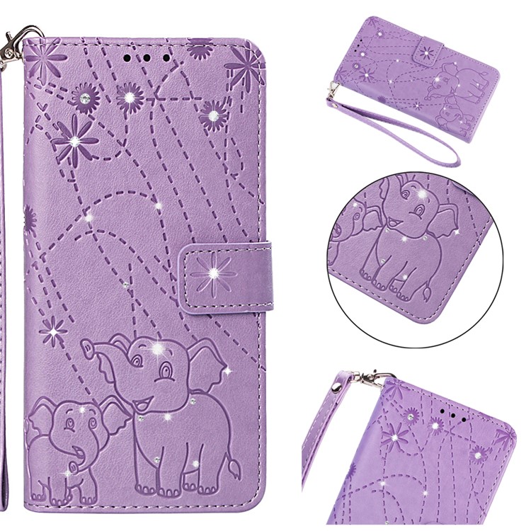 

For Samsung Galaxy A70 Imprint Elephant Rhinestone Decor Leather Wallet Case - Purple, Galaxy A70