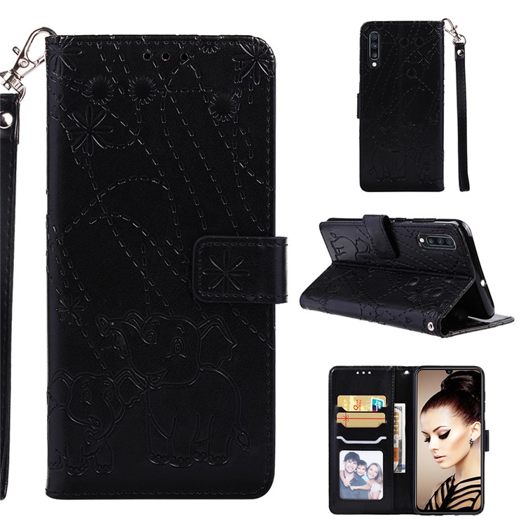 Imprinted Elephant Pattern Leather Wallet Case for Samsung Galaxy A70 - Black-1