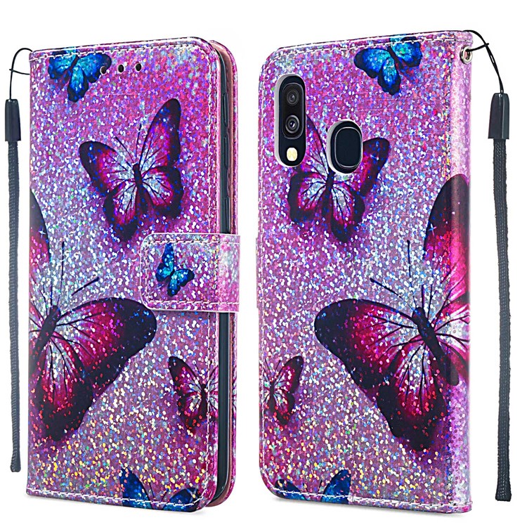 Pattern Printing Glitter Sequins Leather Wallet Case for Samsung Galaxy A40 - Butterfly-2