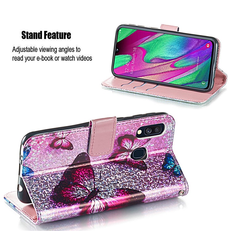 Pattern Printing Glitter Sequins Leather Wallet Case for Samsung Galaxy A40 - Butterfly-3