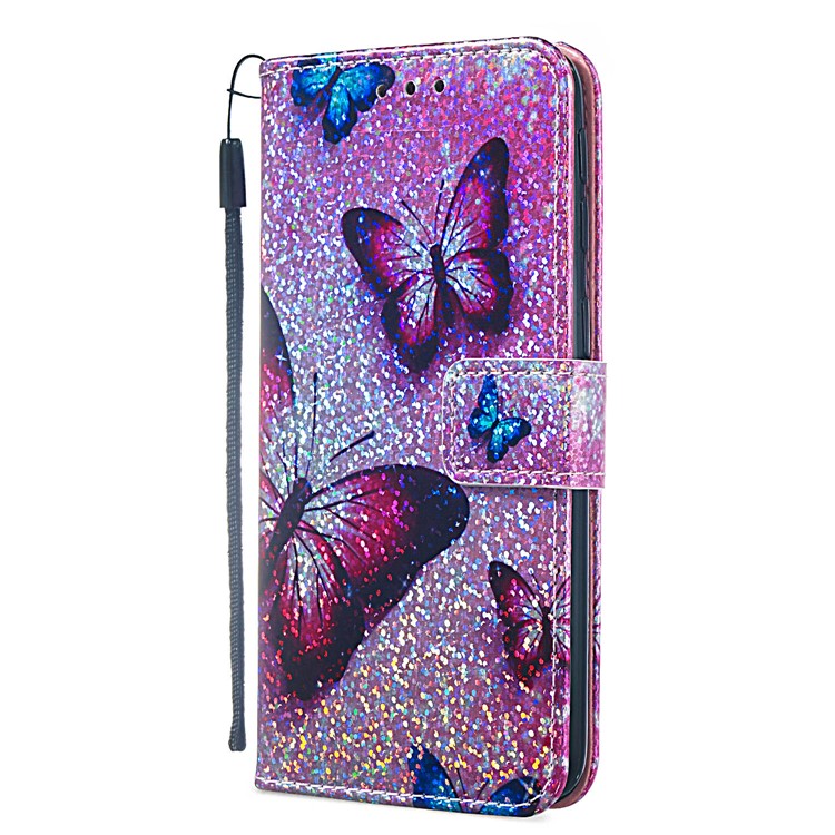 Pattern Printing Glitter Sequins Leather Wallet Case for Samsung Galaxy A40 - Butterfly-6