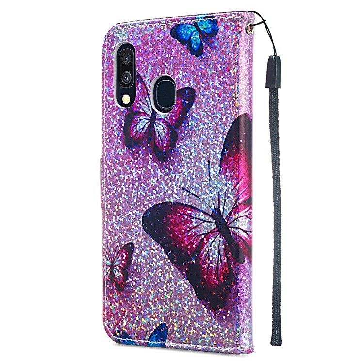 Pattern Printing Glitter Sequins Leather Wallet Case for Samsung Galaxy A40 - Butterfly-7