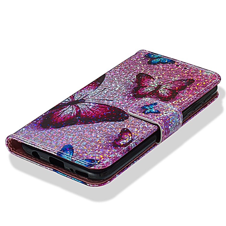 Pattern Printing Glitter Sequins Leather Wallet Case for Samsung Galaxy A40 - Butterfly-9