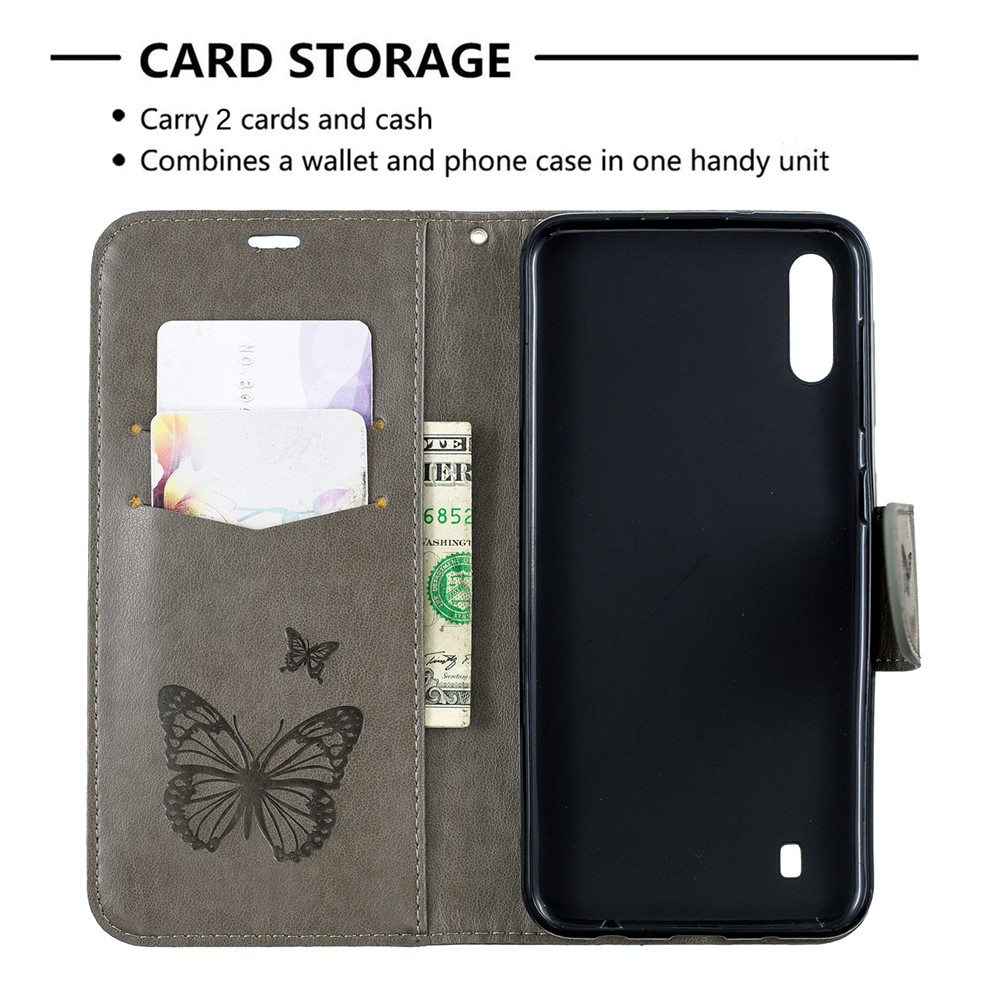 Imprint Butterfly Leather Wallet Case for Samsung Galaxy A10/M10 - Grey-6