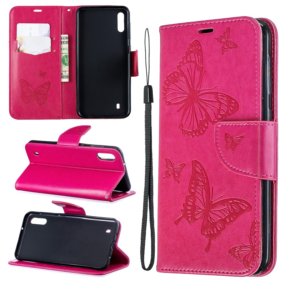 Imprint Butterfly Leather Wallet Case for Samsung Galaxy A10/M10 - Rose-1
