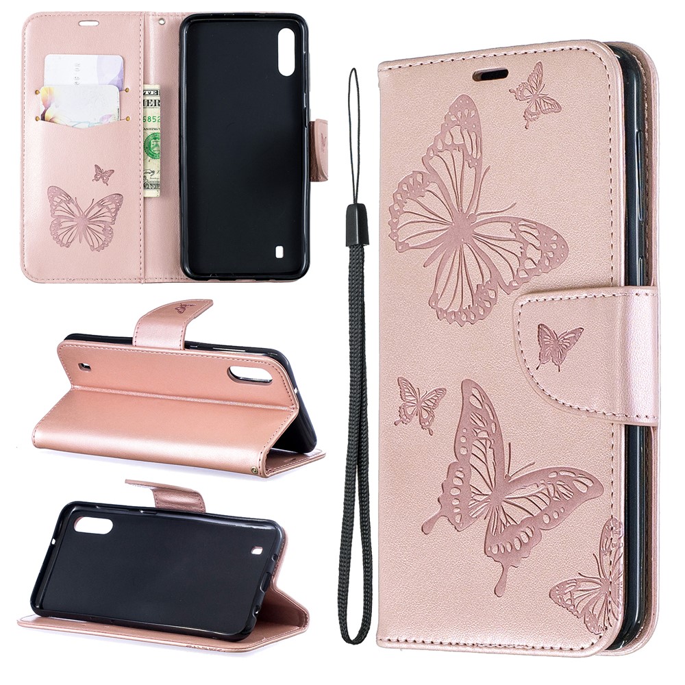 Imprint Butterfly Leather Wallet Case for Samsung Galaxy A10/M10 - Rose Gold-1