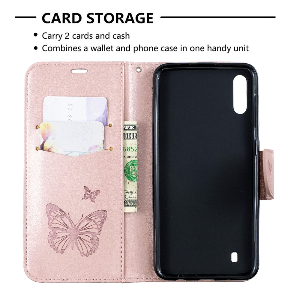 Imprint Butterfly Leather Wallet Case for Samsung Galaxy A10/M10 - Rose Gold-6