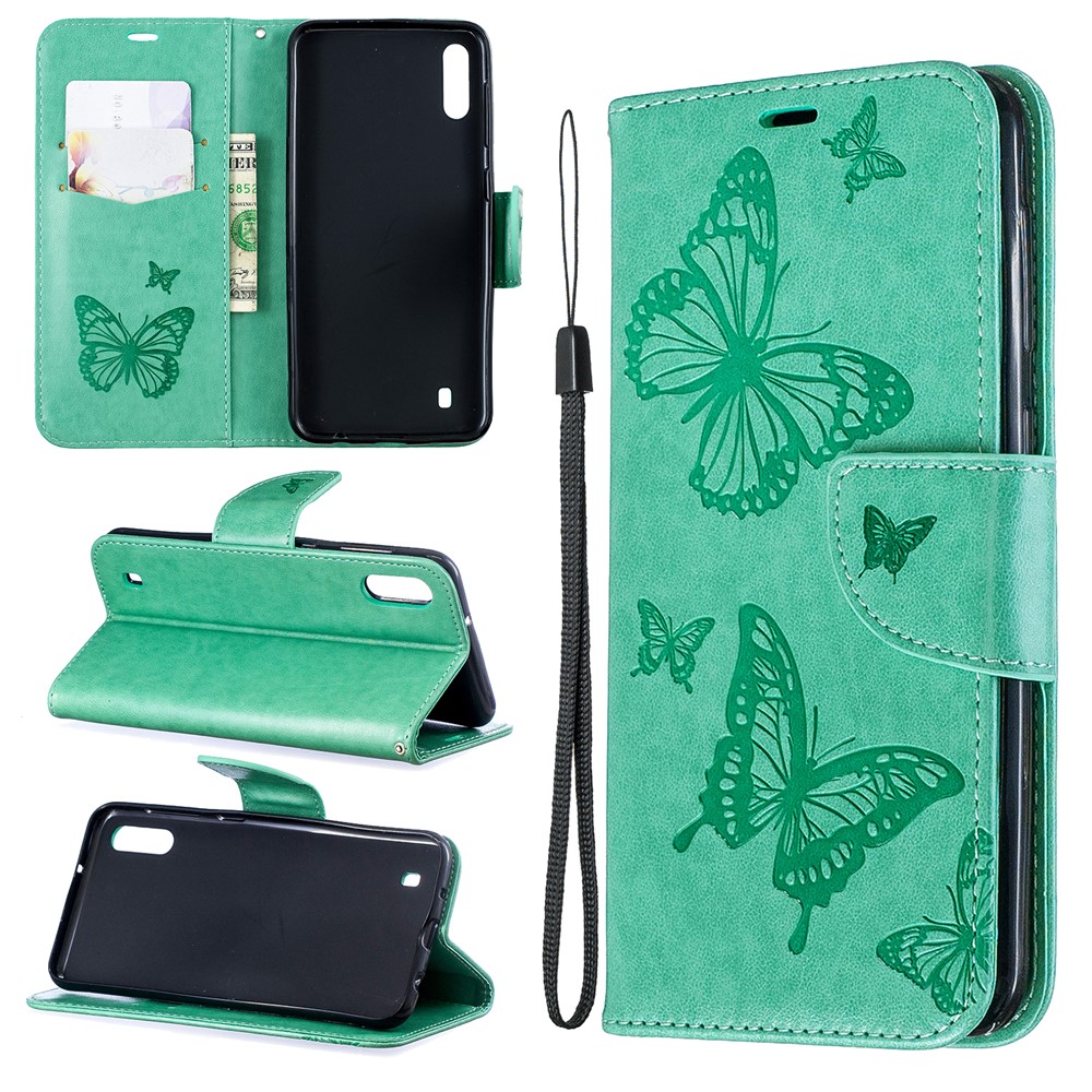 Imprint Butterfly Leather Wallet Case for Samsung Galaxy A10/M10 - Green-1
