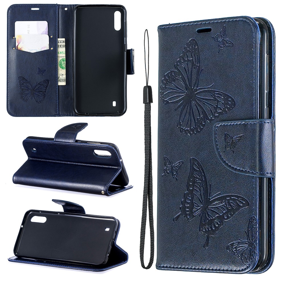 Imprint Butterfly Leather Wallet Case for Samsung Galaxy A10/M10 - Blue-1