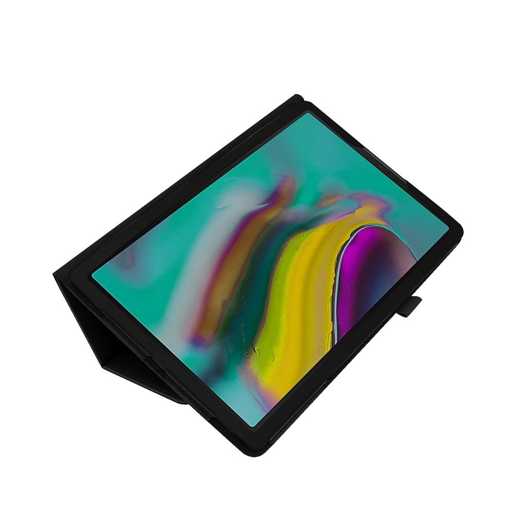 Étui en Cuir de Texture Litchi Pour Samsung Galaxy Tab A 10.1 (2019) Couvercle de Tablette de Basculement à Deux Fois Résistant à un Stroche Avec Sangle Élastique - le Noir