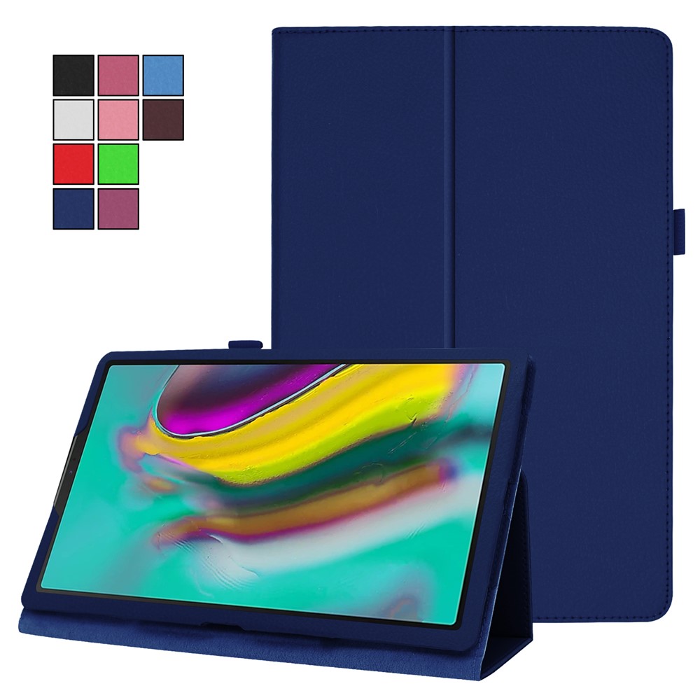 Case de Cuero de Textura de Litchi Para Samsung Galaxy Tab A 10.1 (2019) Cubierta de Tableta de Rotura de Soporte de Doble Plantas Resistentes A Los Rasguños Con Correa Elástica - Azul Oscuro-8