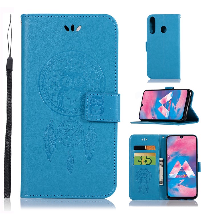 Imprint Dream Catcher Owl Leather Wallet Stand Cover for Samsung Galaxy M30 - Blue-1